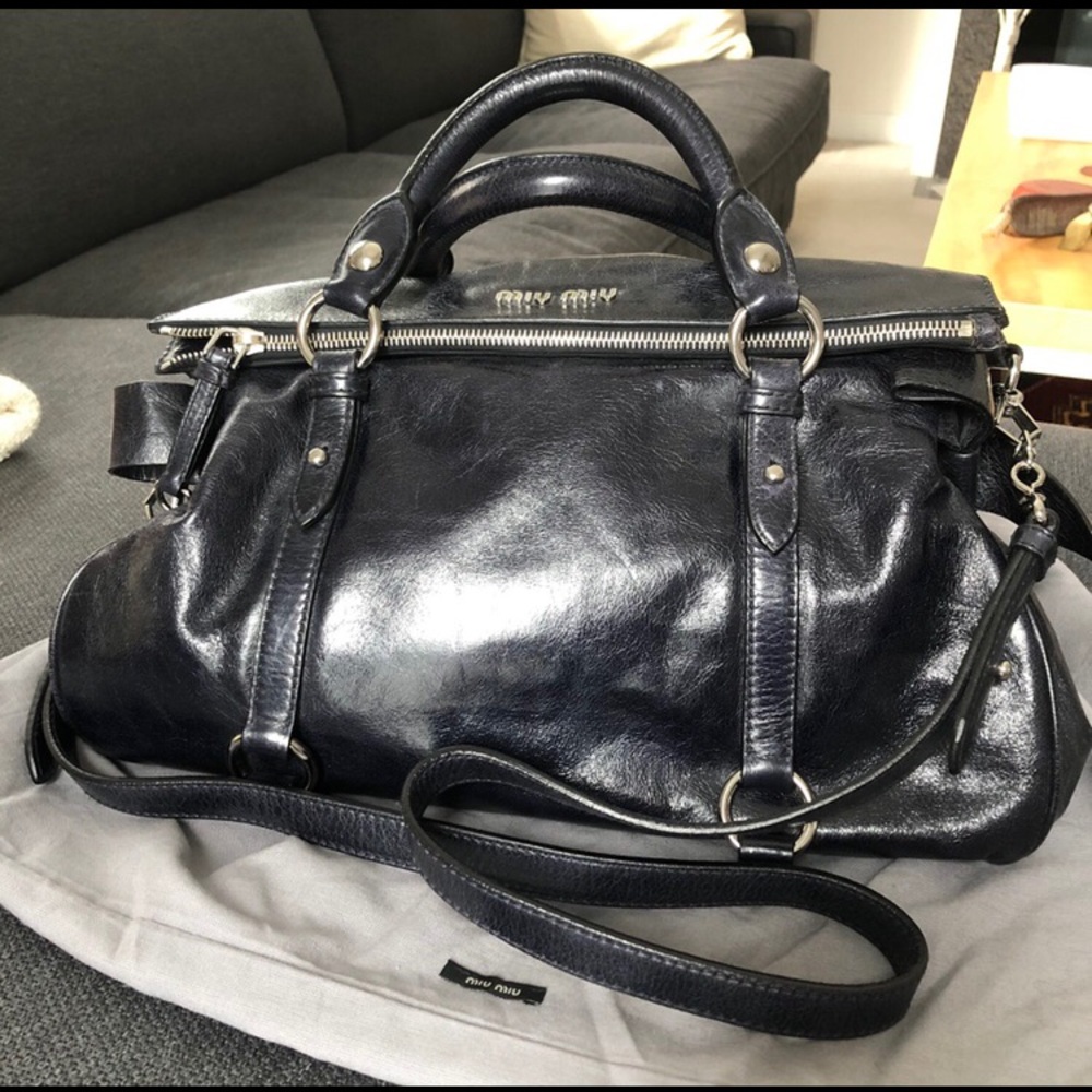 Miu Miu Rare Navy Blue Vitello Lux Bag with Bows
